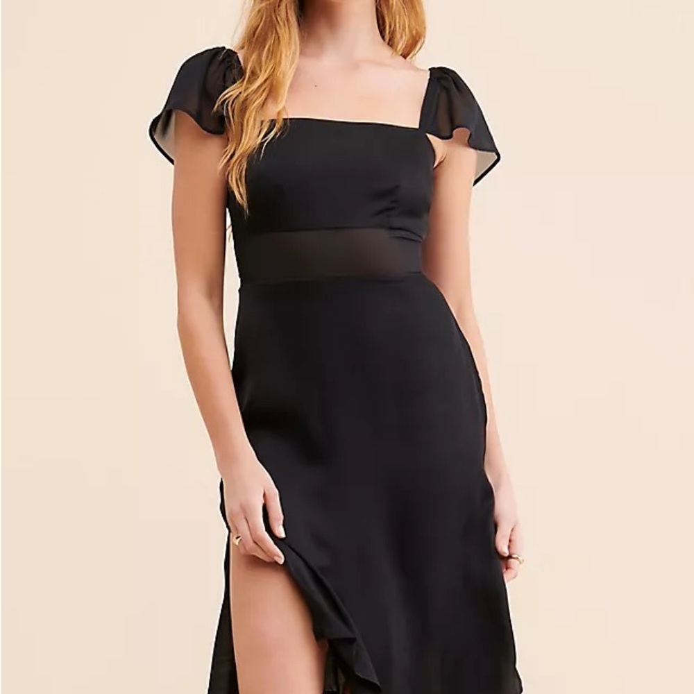 BNWT by Anthropologie Black Satin Dress with Sheer Details & Ruffle Sleeve